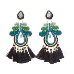 MERCEDES SALAZAR green black Appliqué tassel gold clip on earrings