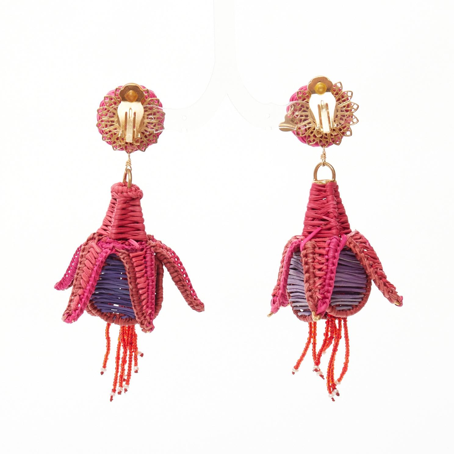 MERCEDES SALAZAR hot pink purple raffia weave bell flower clip on earrings For Sale 1