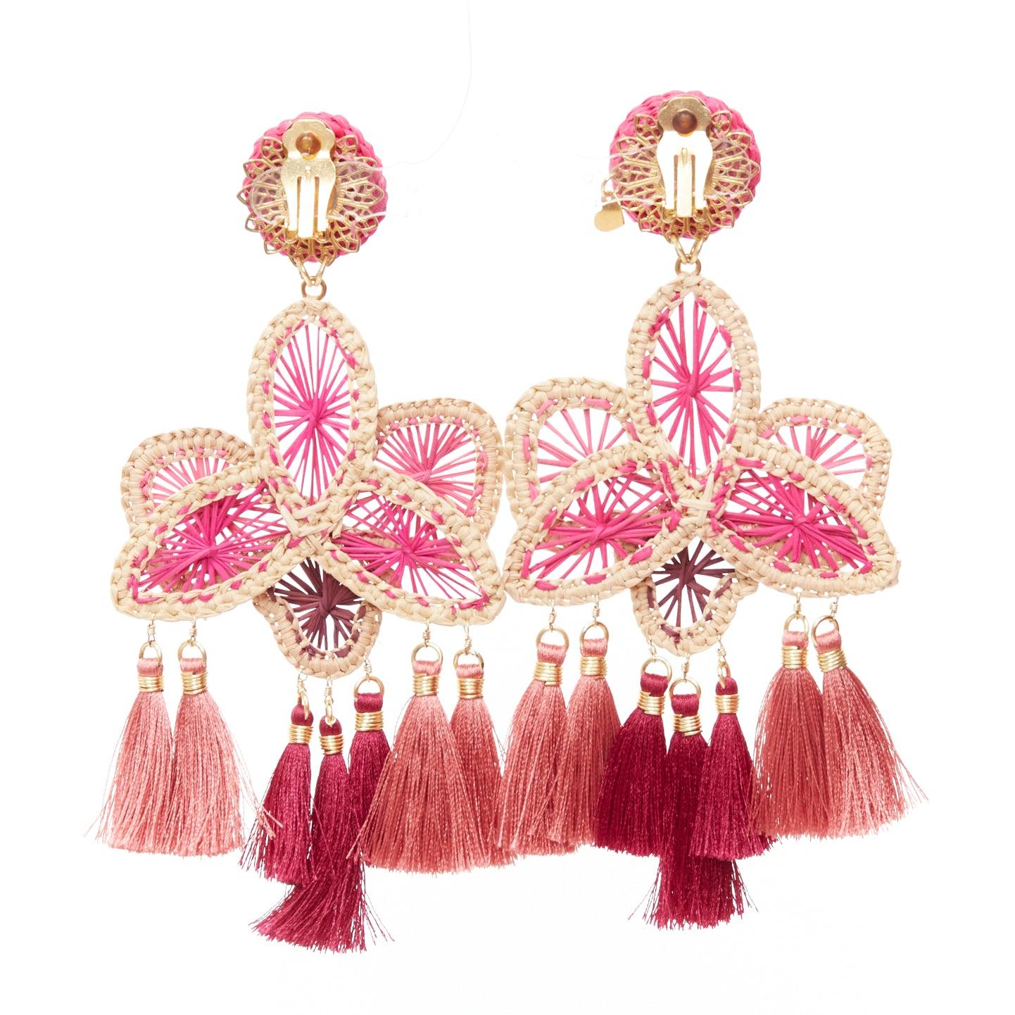 MERCEDES SALAZAR hot pink raffia red tassel dangling clip on earrings Pair In Excellent Condition In Hong Kong, NT