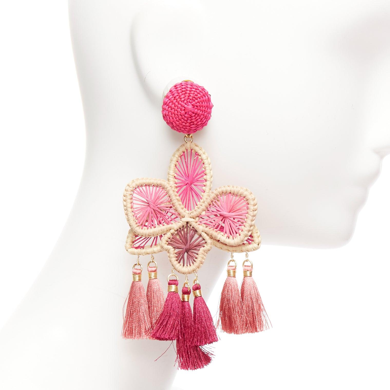 Women's MERCEDES SALAZAR hot pink raffia red tassel dangling clip on earrings Pair