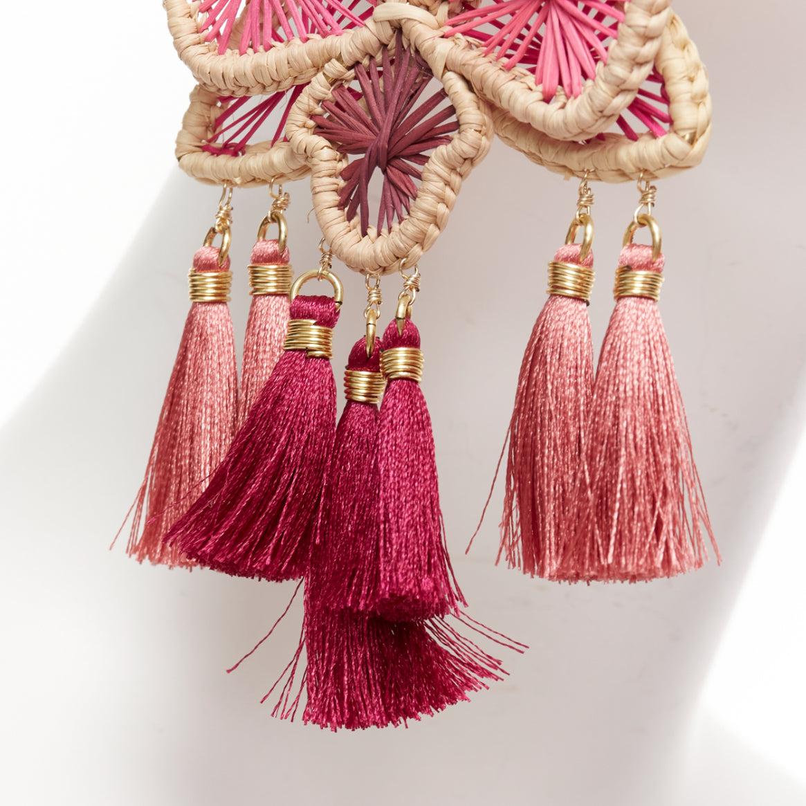 MERCEDES SALAZAR hot pink raffia red tassel dangling clip on earrings Pair 1