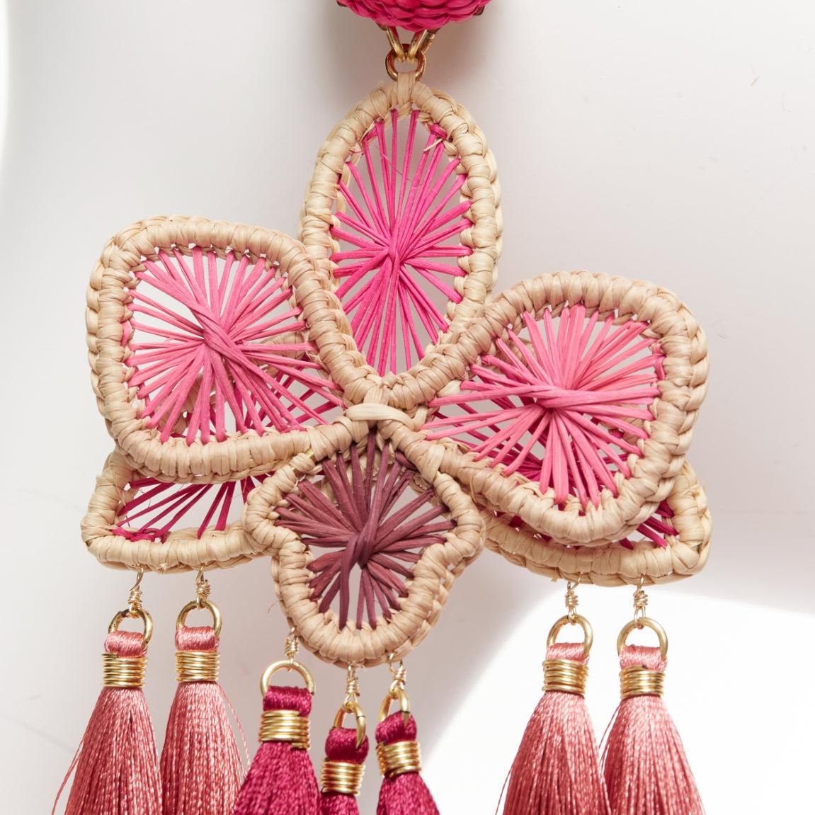 MERCEDES SALAZAR hot pink raffia red tassel dangling clip on earrings Pair 2
