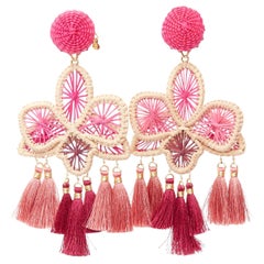 MERCEDES SALAZAR hot pink raffia red tassel dangling clip on earrings Pair