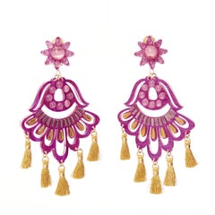 MERCEDES SALAZAR magenta pink acrylic beads gold tassel clip on earrings