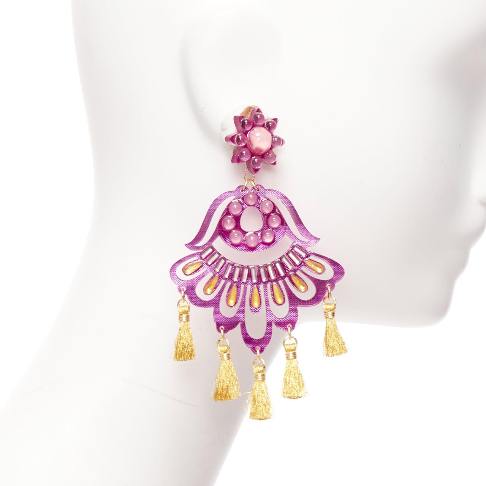 MERCEDES SALAZAR magenta pink acrylic beads gold tassel clip on earrings In Good Condition For Sale In Hong Kong, NT