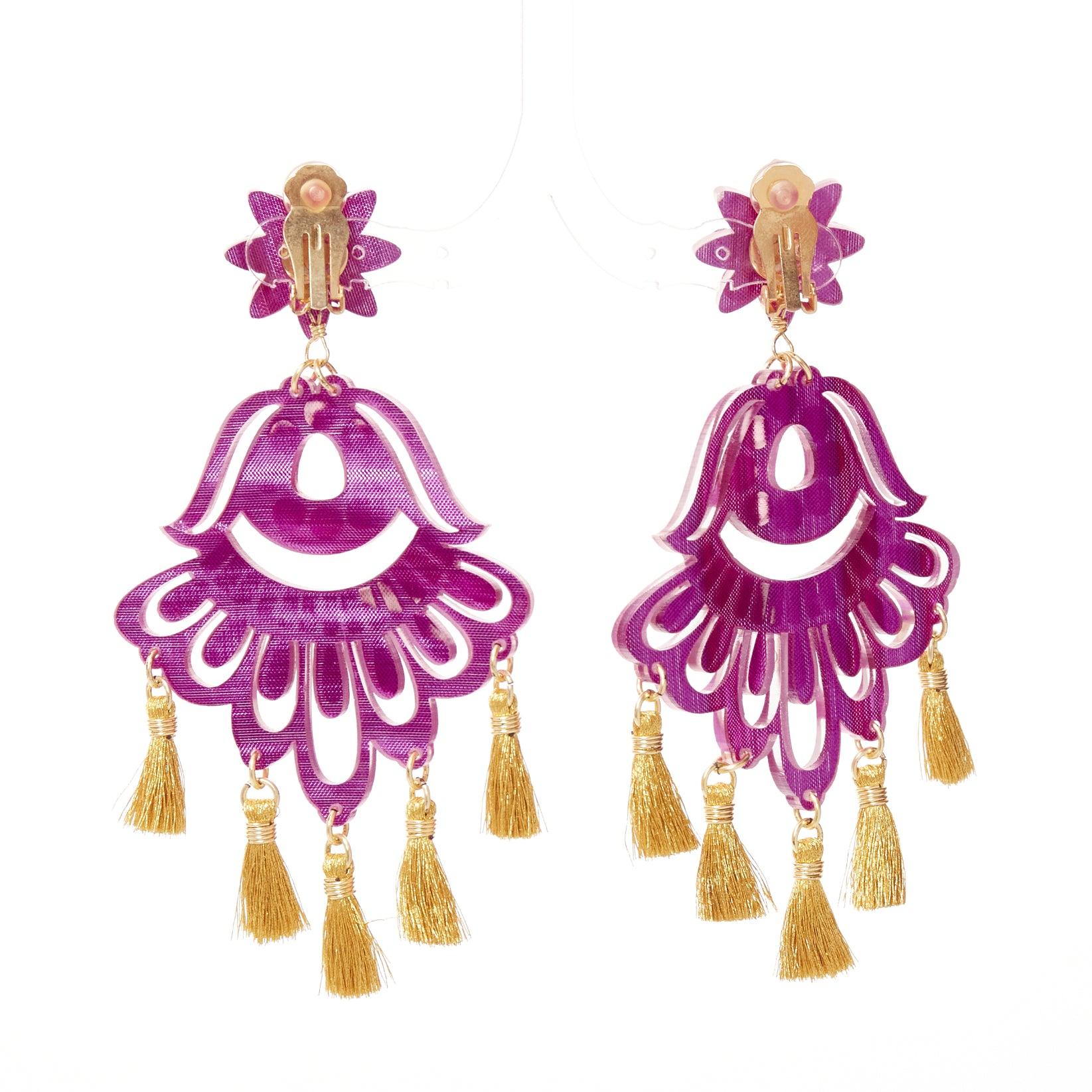 MERCEDES SALAZAR magenta pink acrylic beads gold tassel clip on earrings For Sale 1