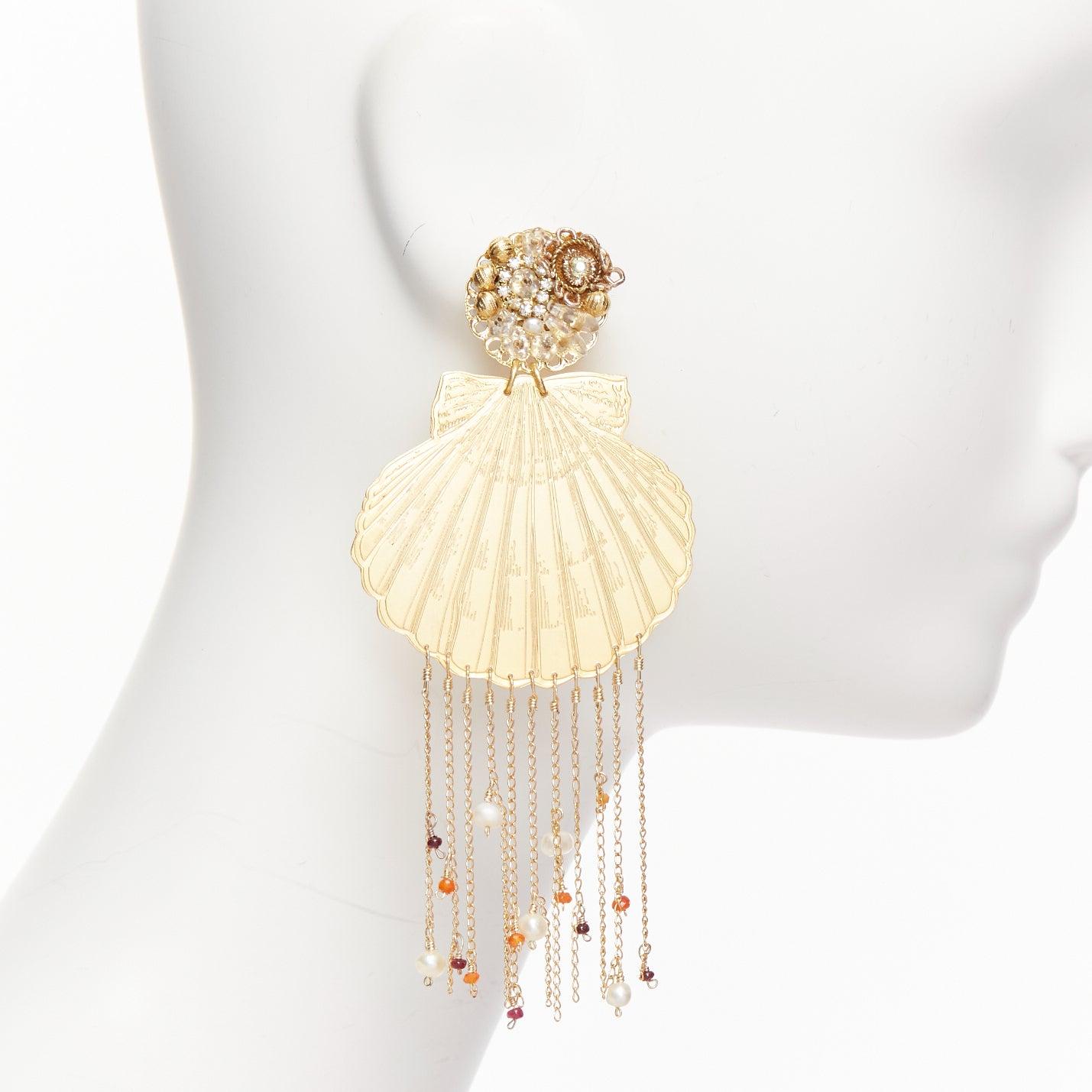Women's MERCEDES SALAZAR metal shell crystal faux pearl tassel clip on earrings Pair