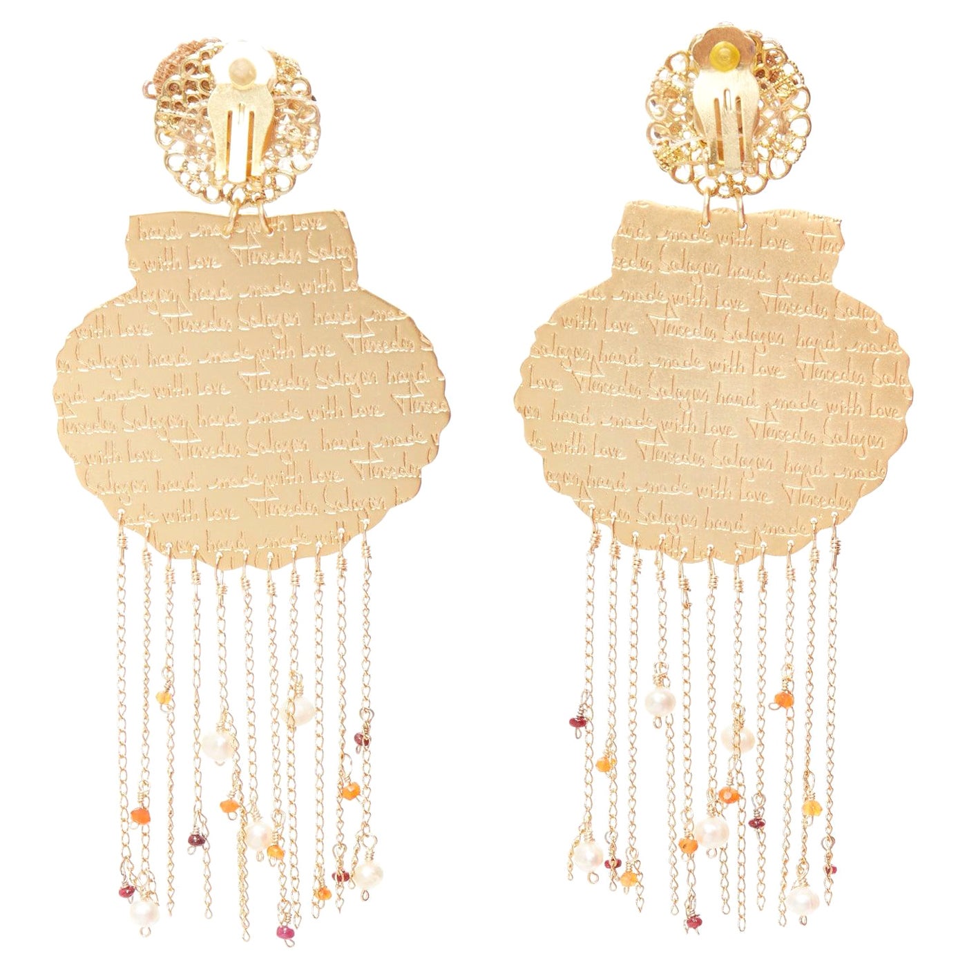 MERCEDES SALAZAR metal shell crystal faux pearl tassel clip on earrings Pair