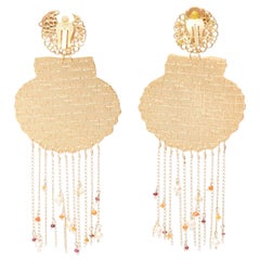 MERCEDES SALAZAR metal shell crystal faux pearl tassel clip on earrings Pair