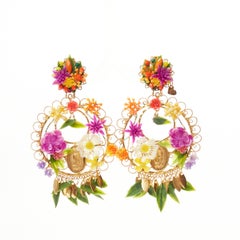 MERCEDES SALAZAR multicolour plastic flower gold rosary clip on earrings
