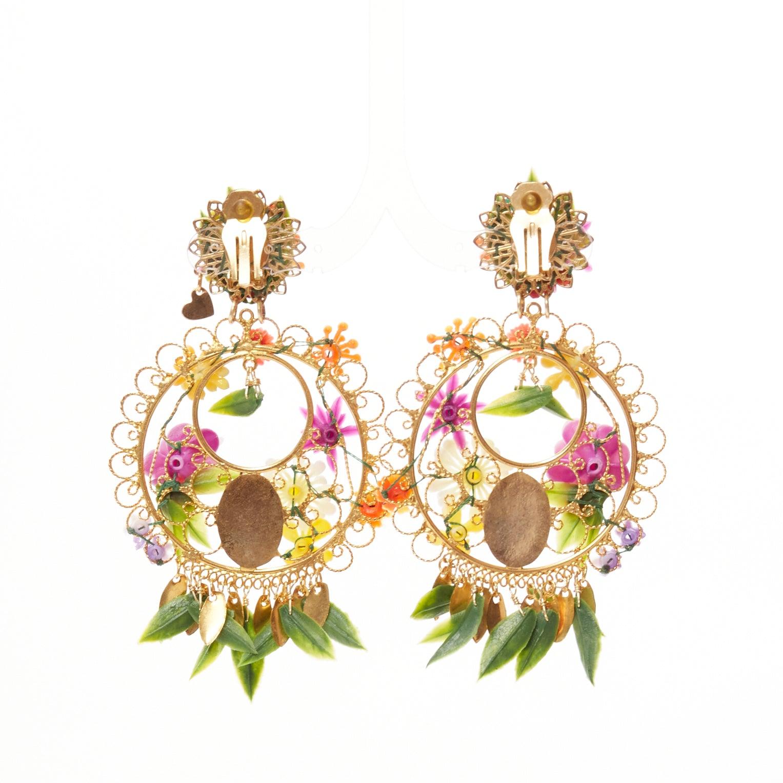 MERCEDES SALAZAR multicolour plastic flower gold rosary clip on earrings For Sale 1