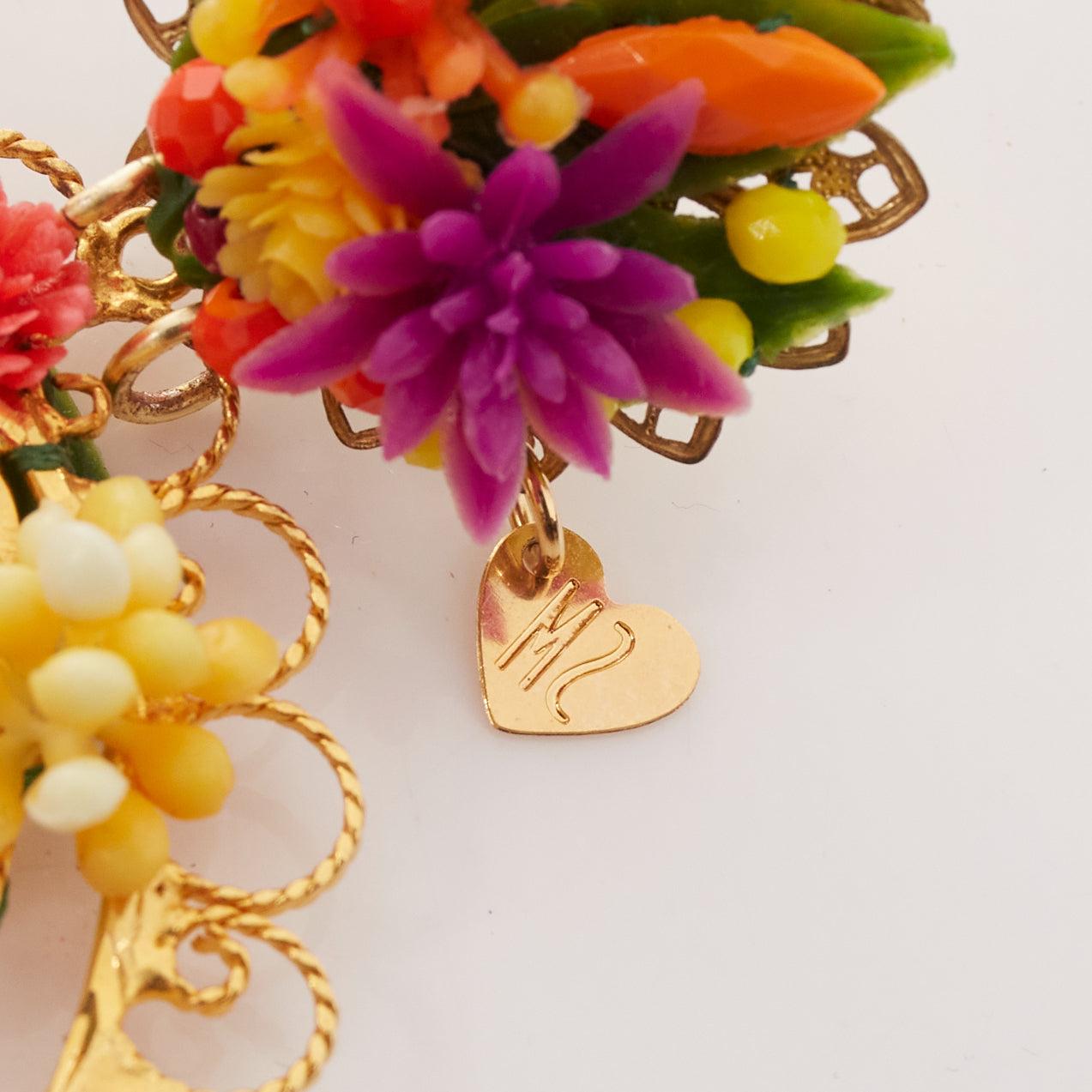 MERCEDES SALAZAR multicolour plastic flower gold rosary clip on earrings For Sale 2