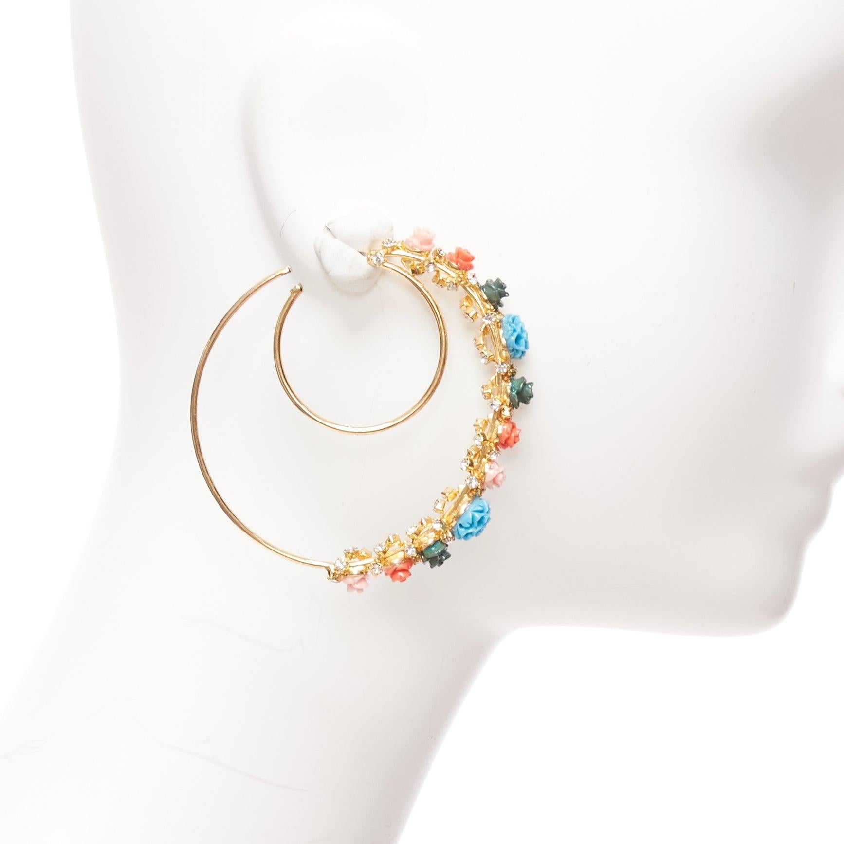 Women's MERCEDES SALAZAR multicolour resin flower embellished moon hoop pin earrings For Sale