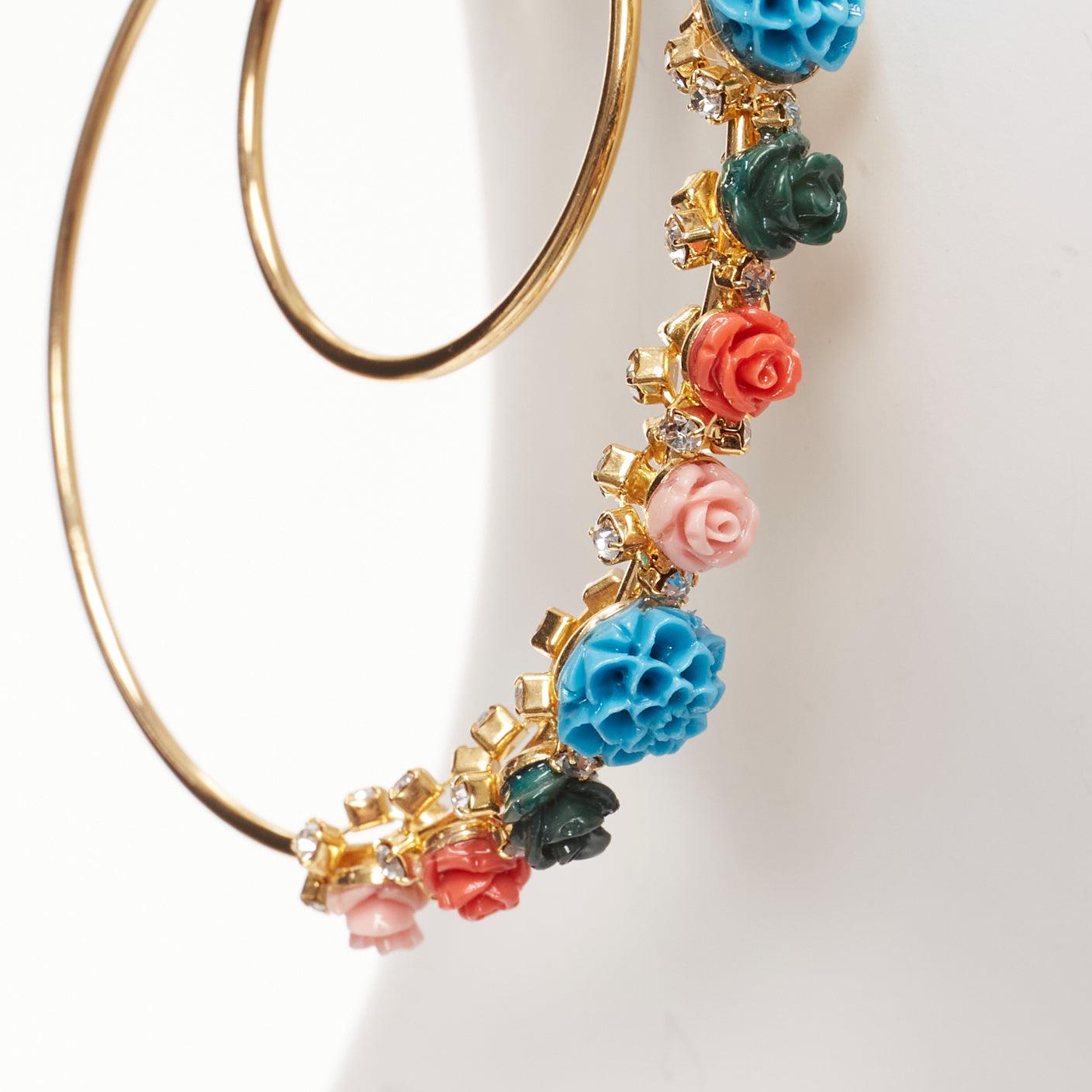 MERCEDES SALAZAR multicolour resin flower embellished moon hoop pin earrings For Sale 1