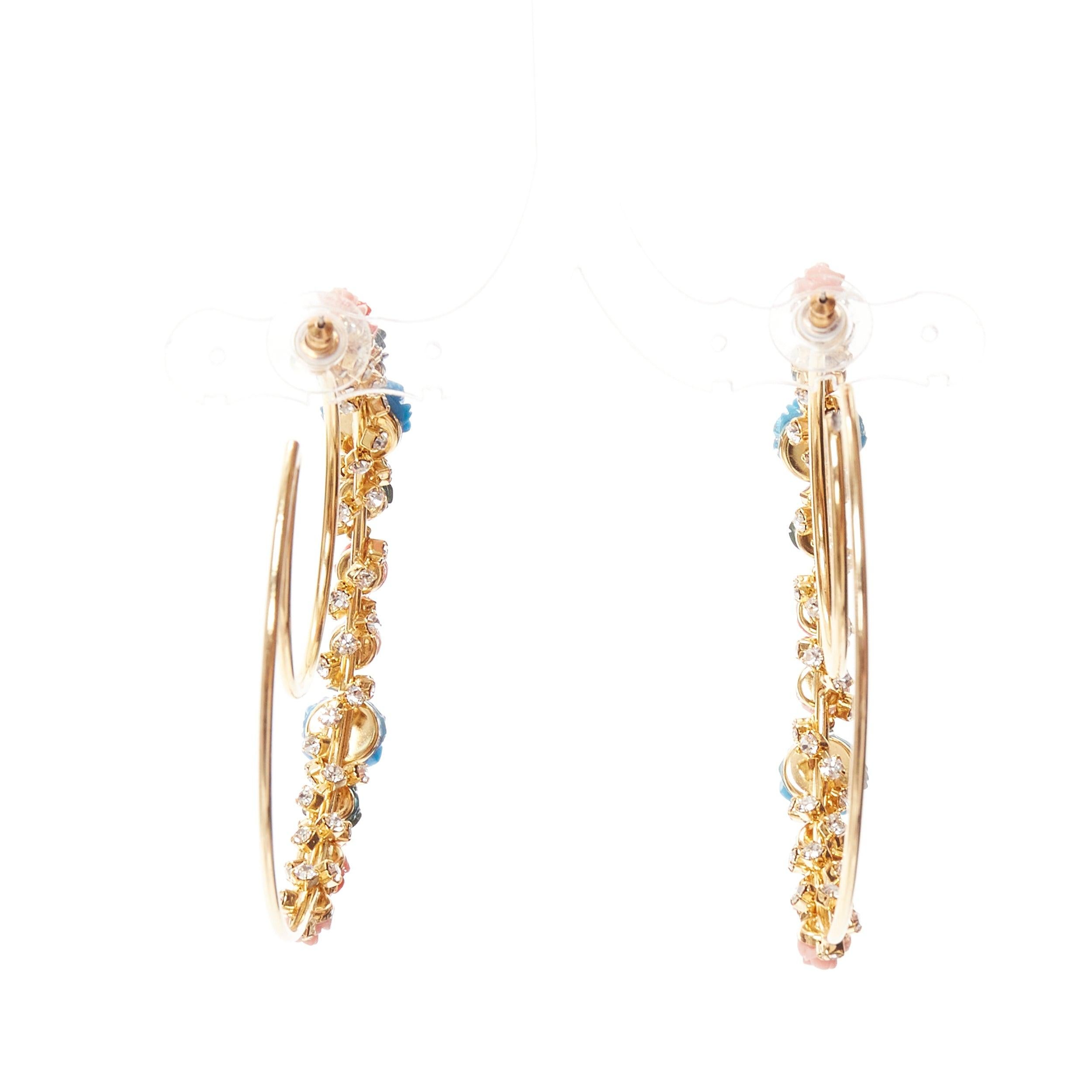 MERCEDES SALAZAR multicolour resin flower embellished moon hoop pin earrings For Sale 2