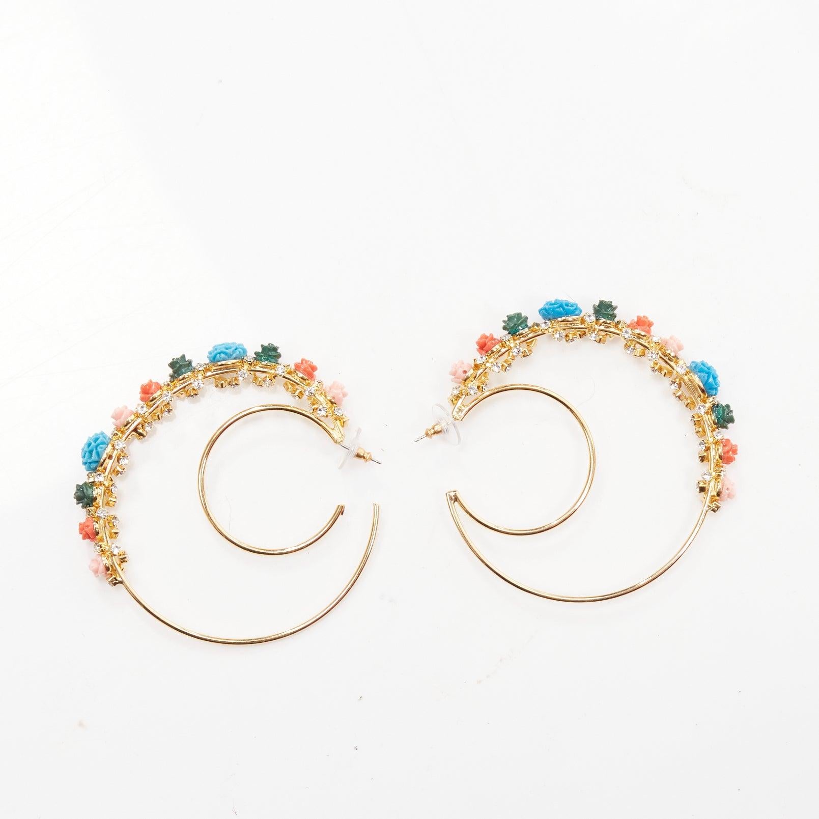 MERCEDES SALAZAR multicolour resin flower embellished moon hoop pin earrings For Sale 3