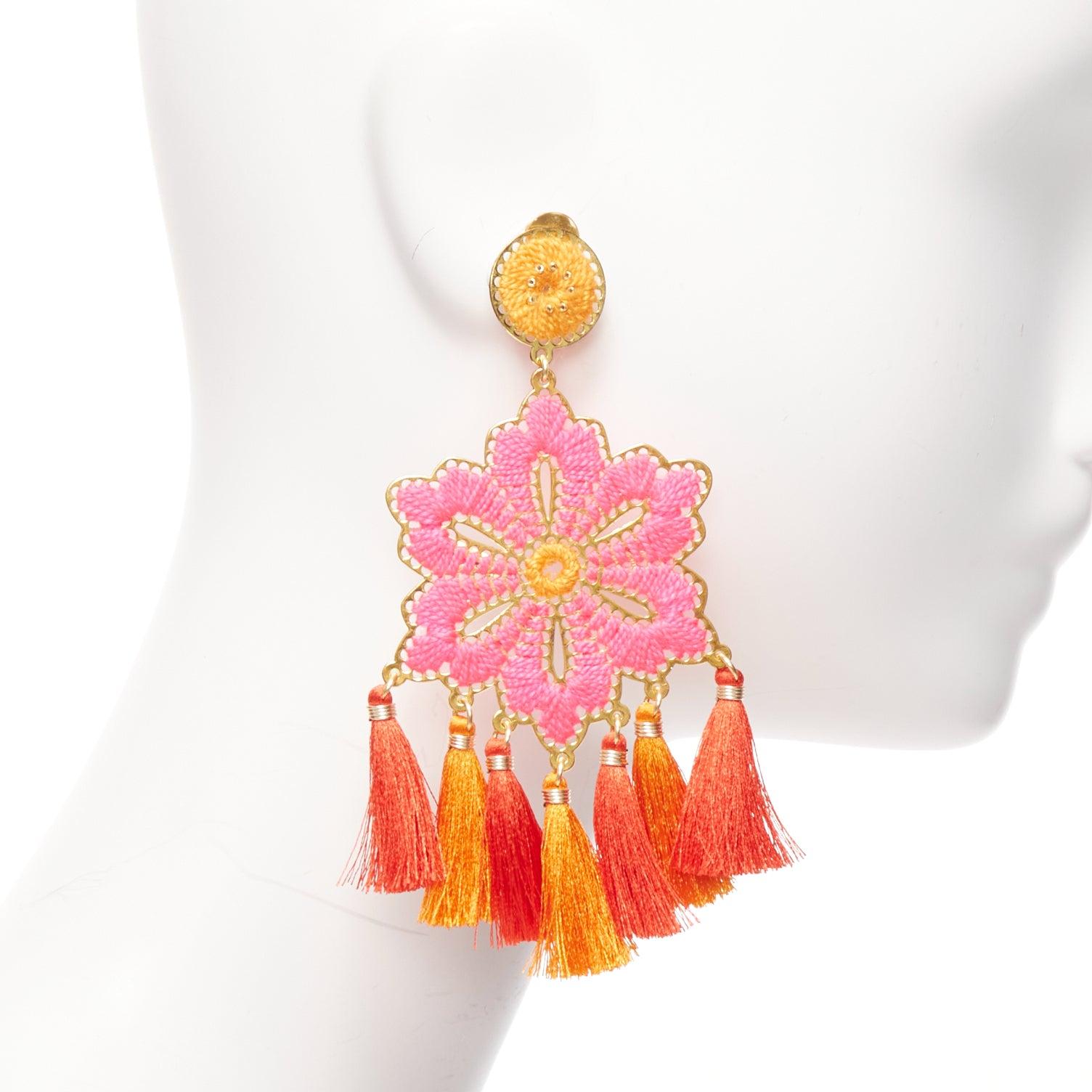 MERCEDES SALAZAR neon pink orange floral tassel gold clip on earrings In Excellent Condition For Sale In Hong Kong, NT