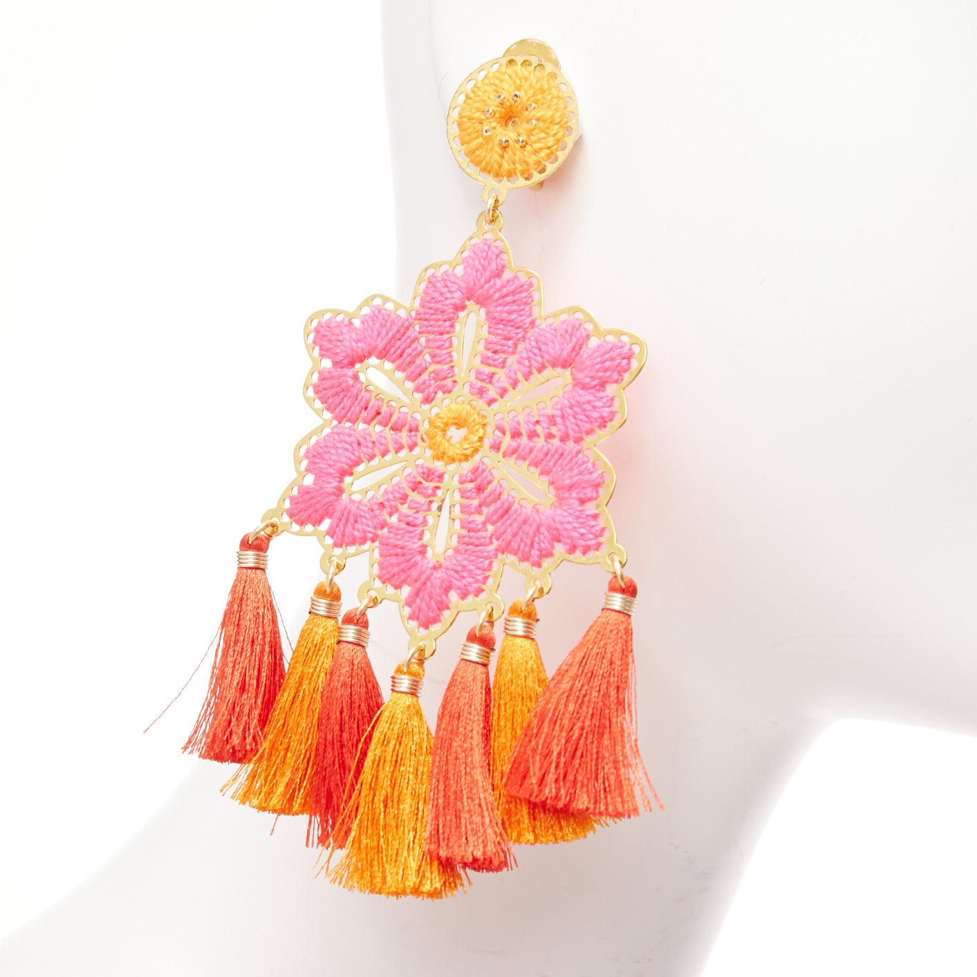 Women's MERCEDES SALAZAR neon pink orange floral tassel gold clip on earrings For Sale