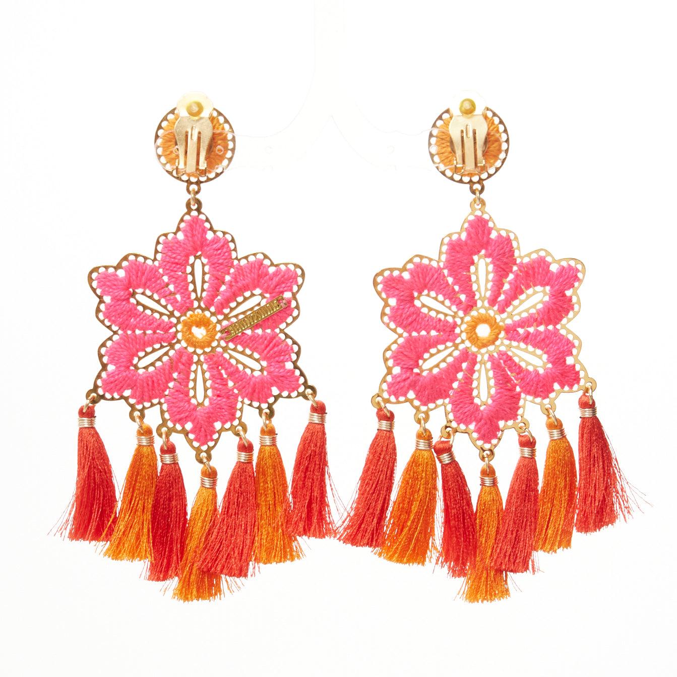 MERCEDES SALAZAR neon pink orange floral tassel gold clip on earrings For Sale 1