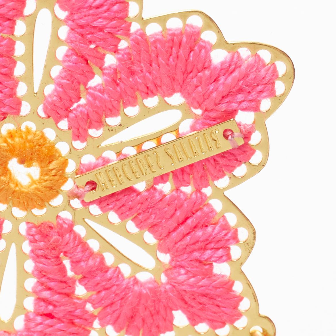MERCEDES SALAZAR neon pink orange floral tassel gold clip on earrings For Sale 2
