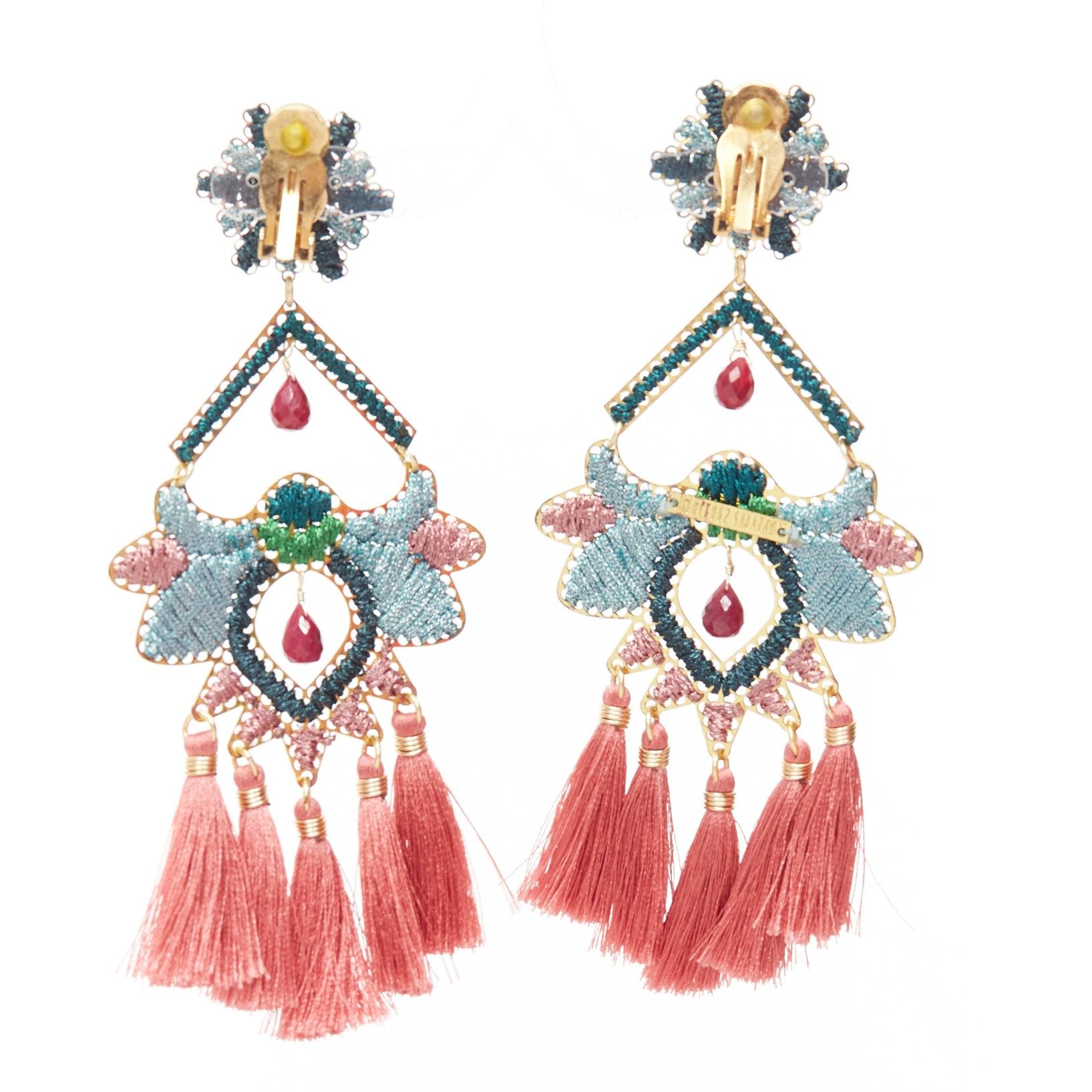 MERCEDES SALAZAR pink tassel green metallic applique clip on earrings Pair In Good Condition For Sale In Hong Kong, NT