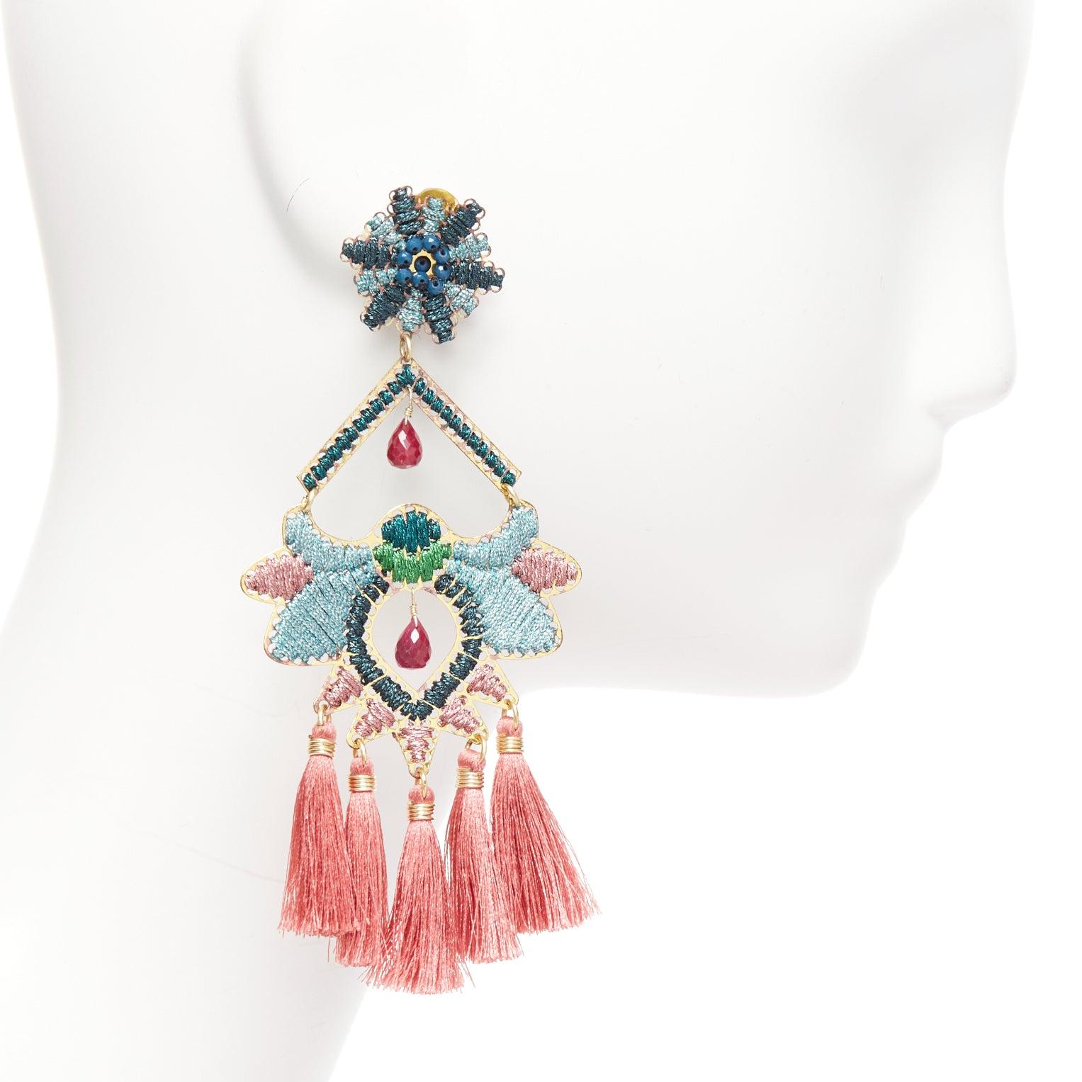 Women's MERCEDES SALAZAR pink tassel green metallic applique clip on earrings Pair For Sale