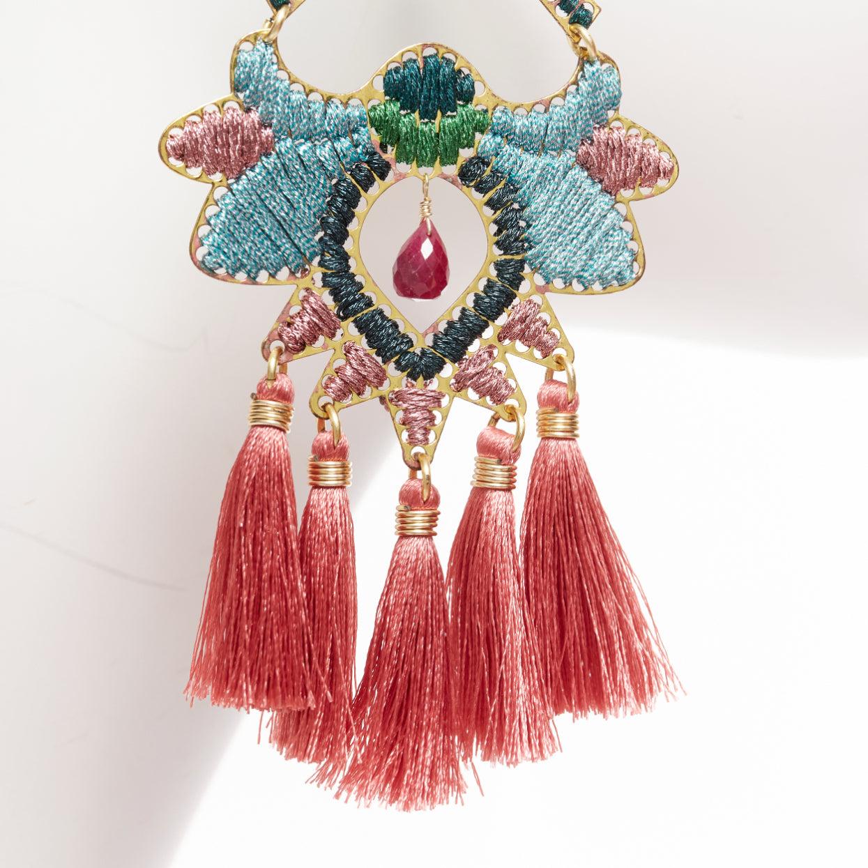 MERCEDES SALAZAR pink tassel green metallic applique clip on earrings Pair For Sale 1