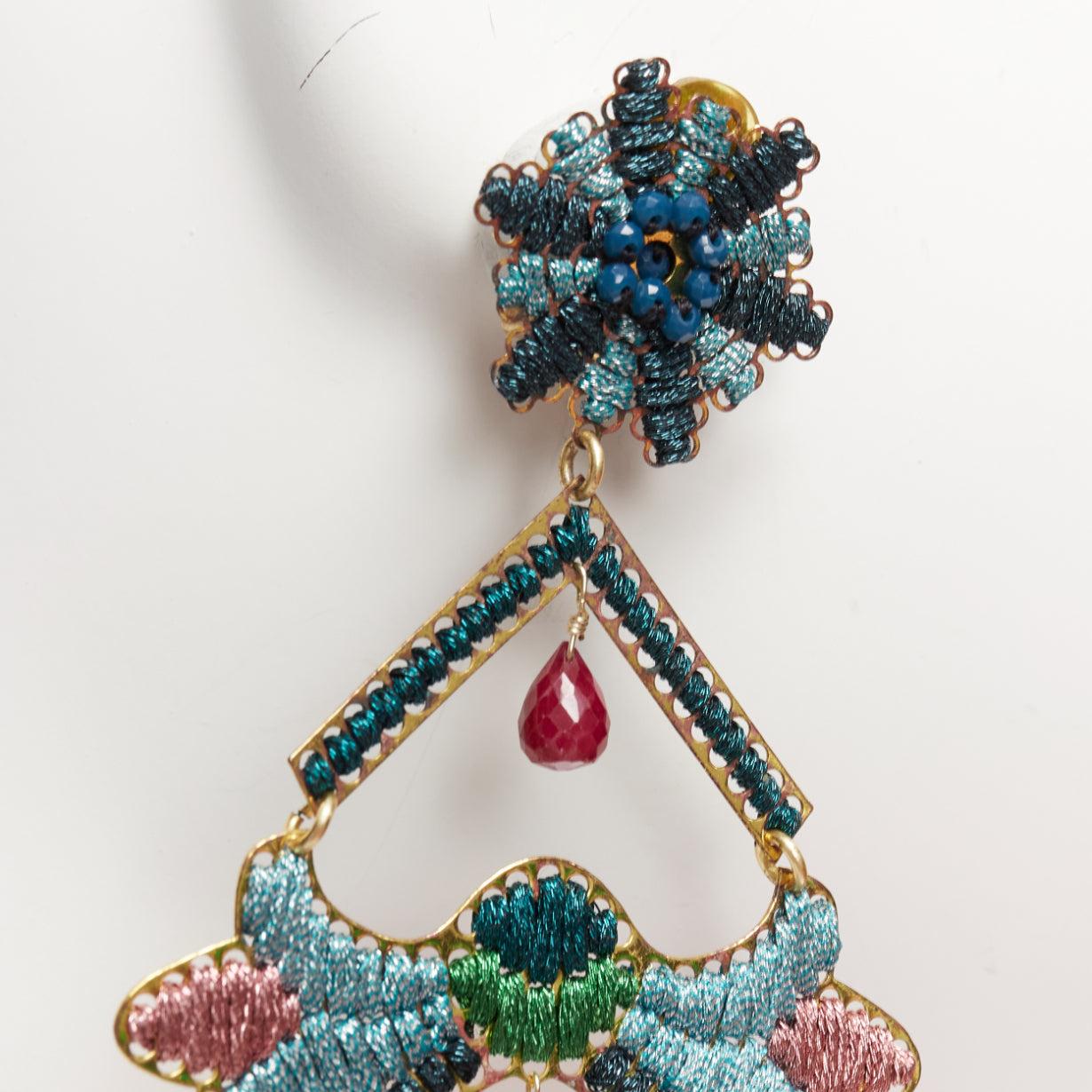 MERCEDES SALAZAR pink tassel green metallic applique clip on earrings Pair For Sale 2