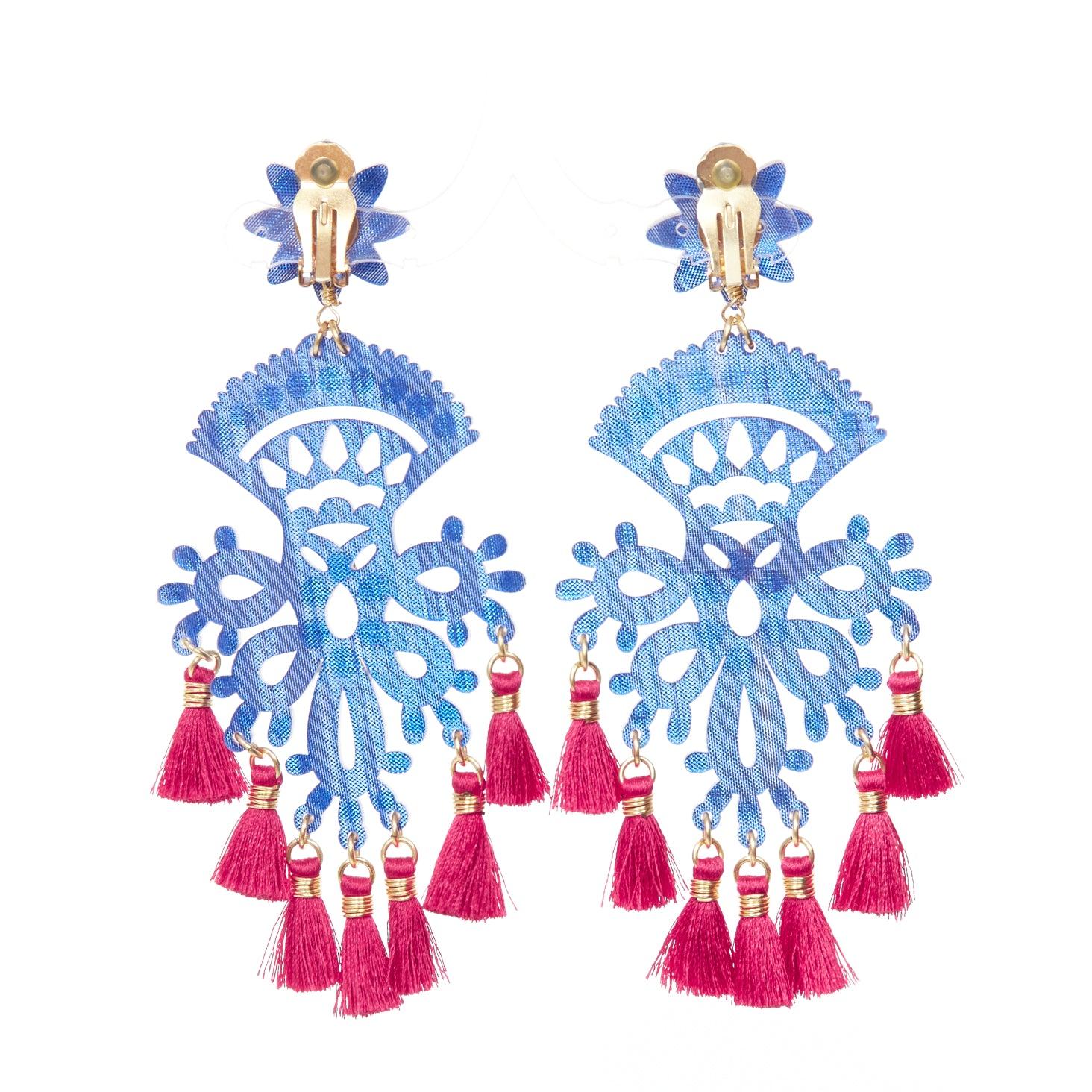 MERCEDES SALAZAR red blue acrylic beads tassel dangling clip on earrings Pair In Excellent Condition In Hong Kong, NT