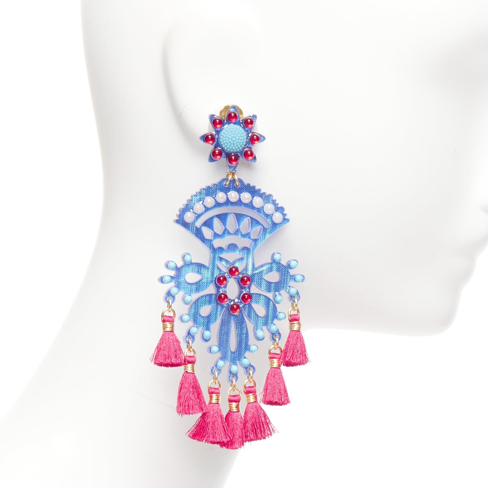 Women's MERCEDES SALAZAR red blue acrylic beads tassel dangling clip on earrings Pair