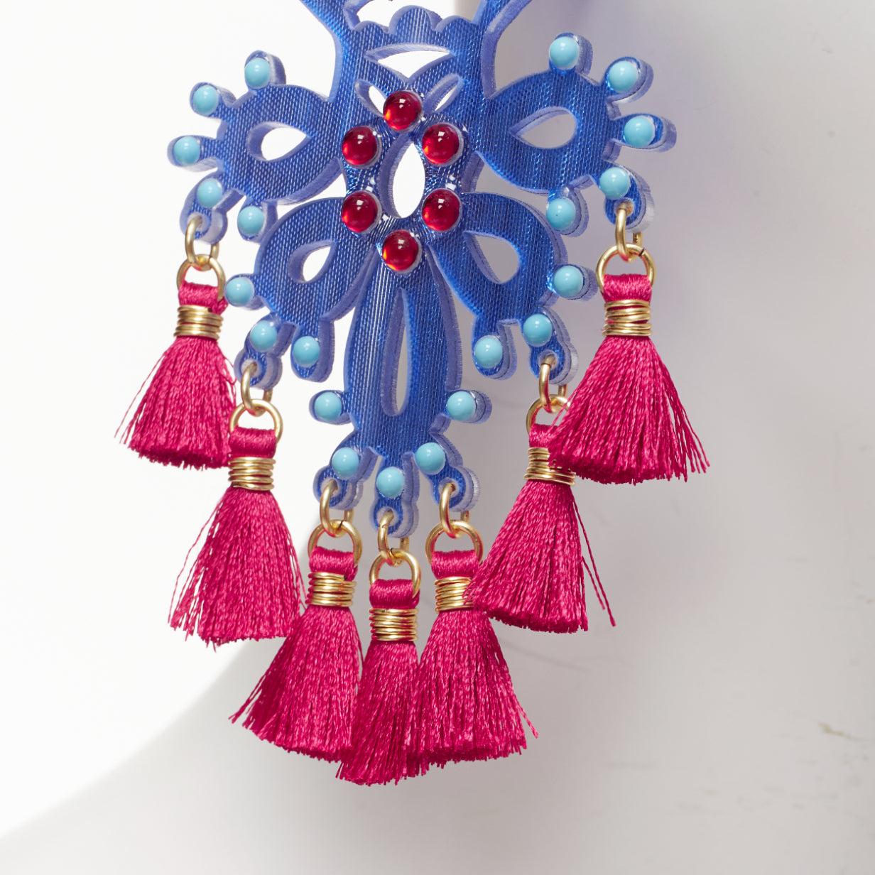 MERCEDES SALAZAR red blue acrylic beads tassel dangling clip on earrings Pair 1