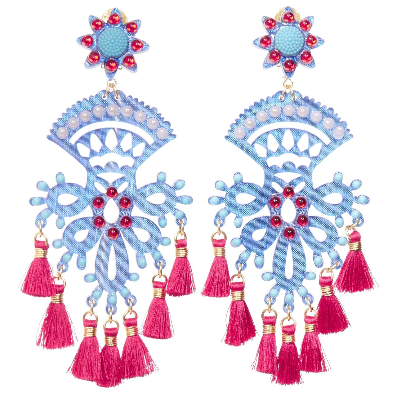 MERCEDES SALAZAR red blue acrylic beads tassel dangling clip on earrings Pair