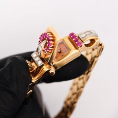 Mercedes Signed 14K Gold Ruby & Diamond Art Deco Hidden Watch Bracelet