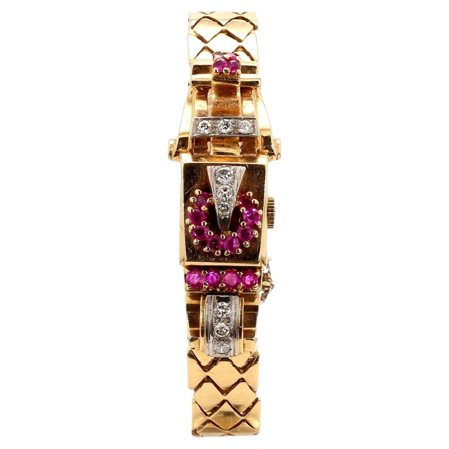 Mercedes Signed 14K Gold Ruby & Diamond Art Deco Hidden Watch Bracelet