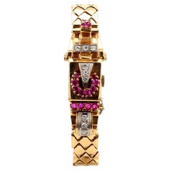 Mercedes Signed 14K Gold Ruby & Diamond Art Deco Hidden Watch Bracelet
