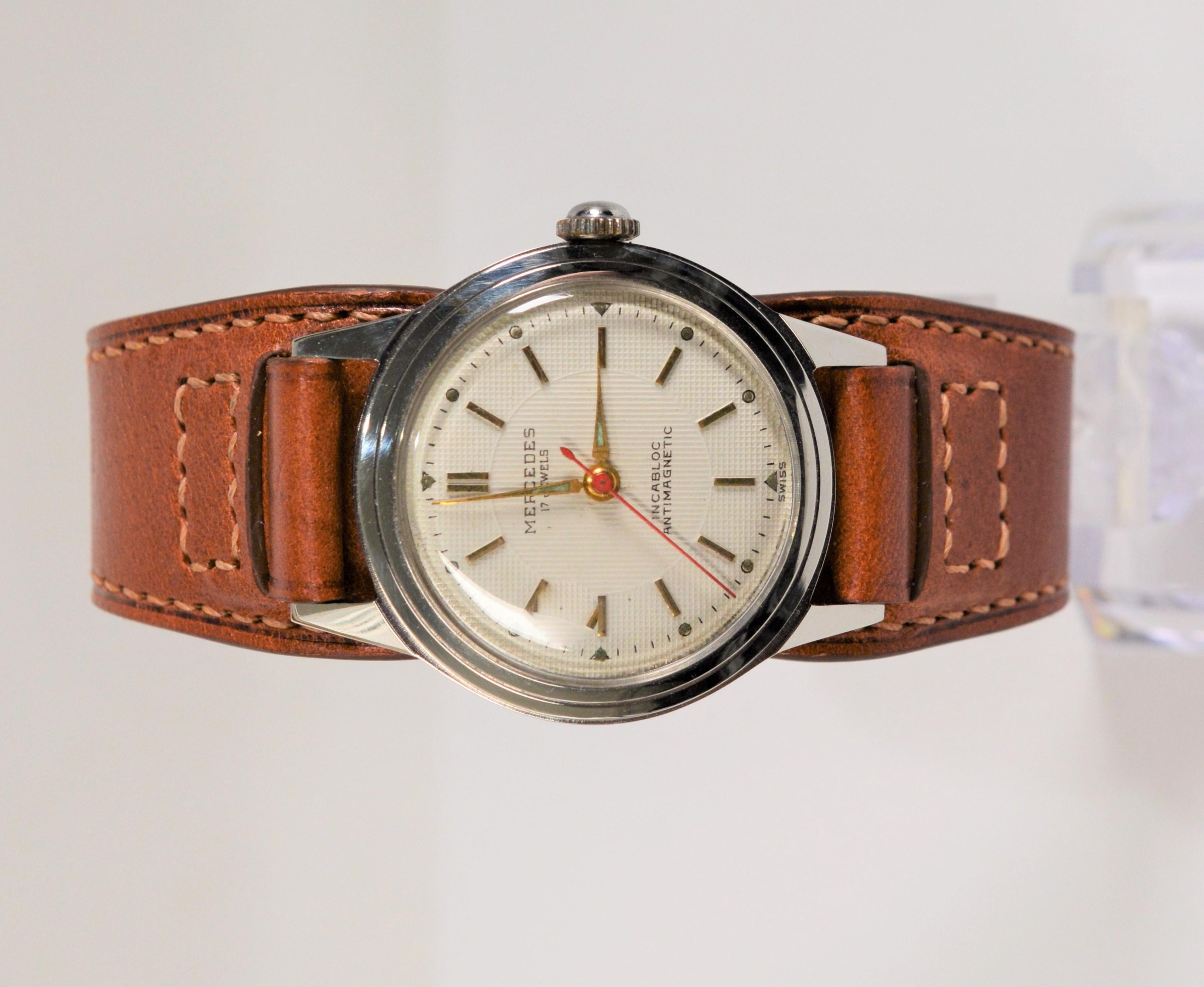 Mercedes Edelstahl Post WWII Vintage-Armbanduhr im Zustand „Gut“ im Angebot in Mount Kisco, NY