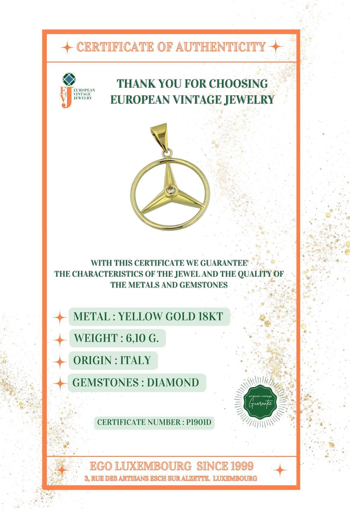 Pendentif en or jaune Mercedes avec diamant naturel en vente 2