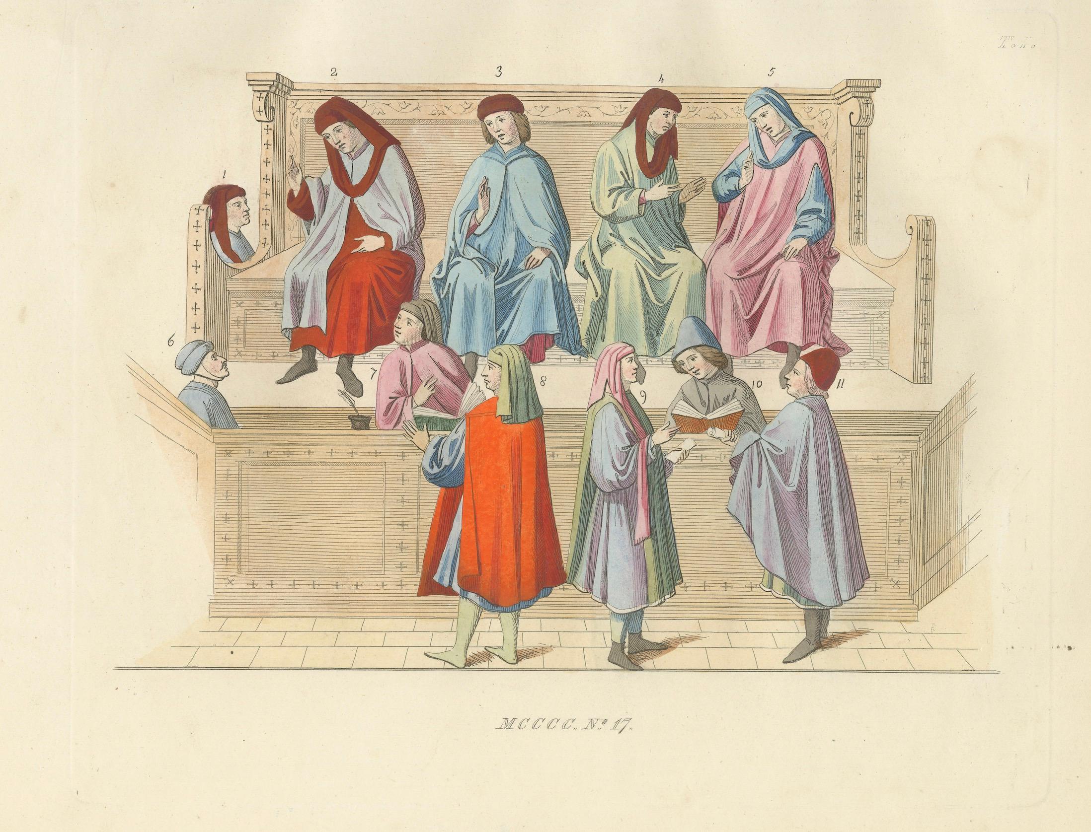 Title:
Merchant Courtroom Scene with Consuls and Petitioners in Medieval Italy

Description:
This elegant hand-colored lithograph titled “Tribunal des Marchands” (Merchant’s Court) is plate No. 47 from the 1845 edition of *Costumes Historiques des
