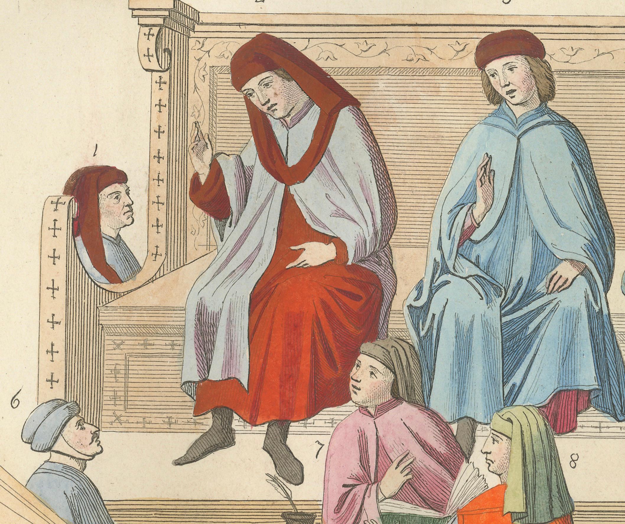 Engraved Merchant Courtroom Scene with Consuls and Petitioners in Medieval Italy, 1845 For Sale