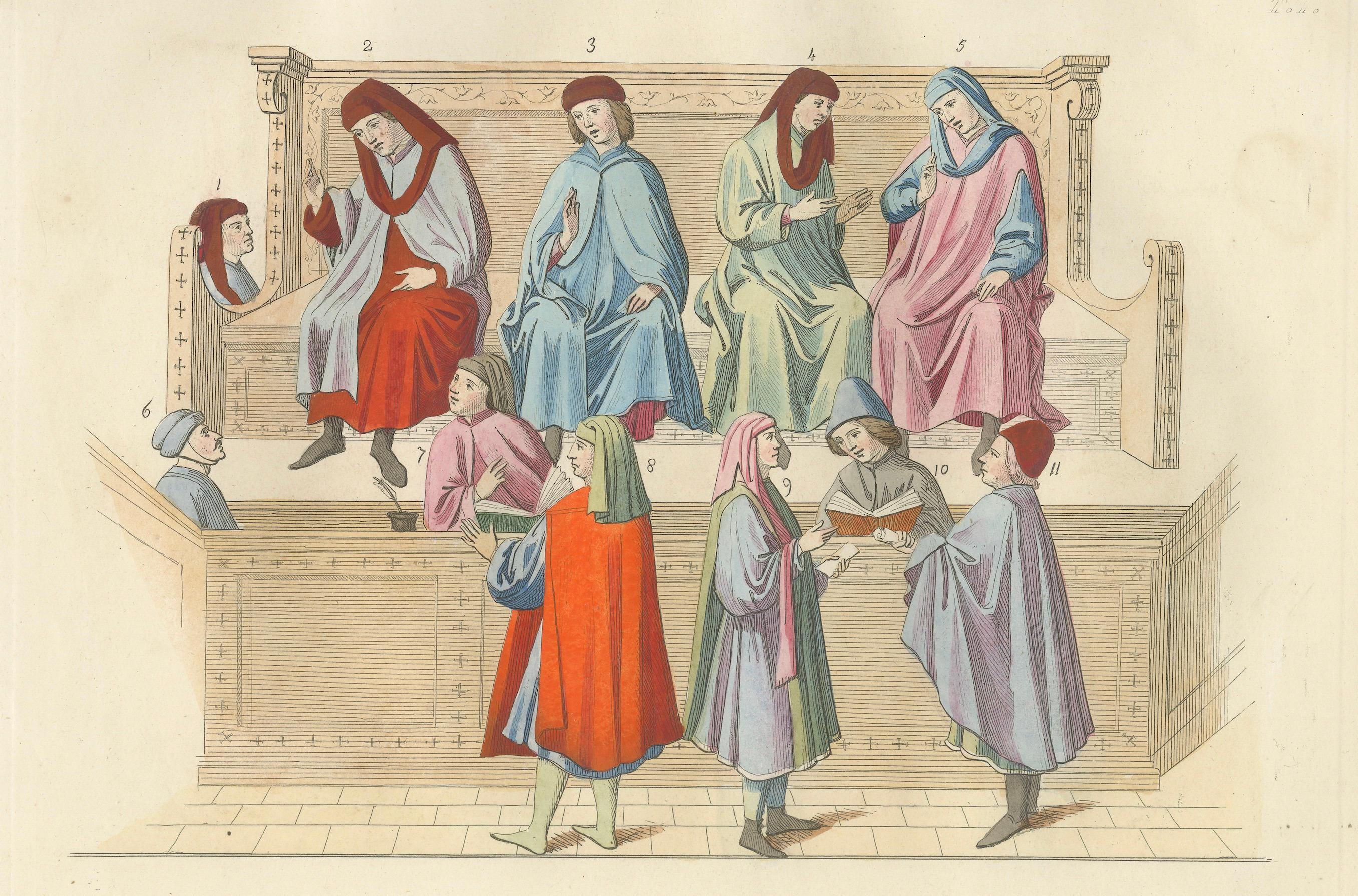 Merchant Courtroom Scene with Consuls and Petitioners in Medieval Italy, 1845 In Good Condition For Sale In Langweer, NL