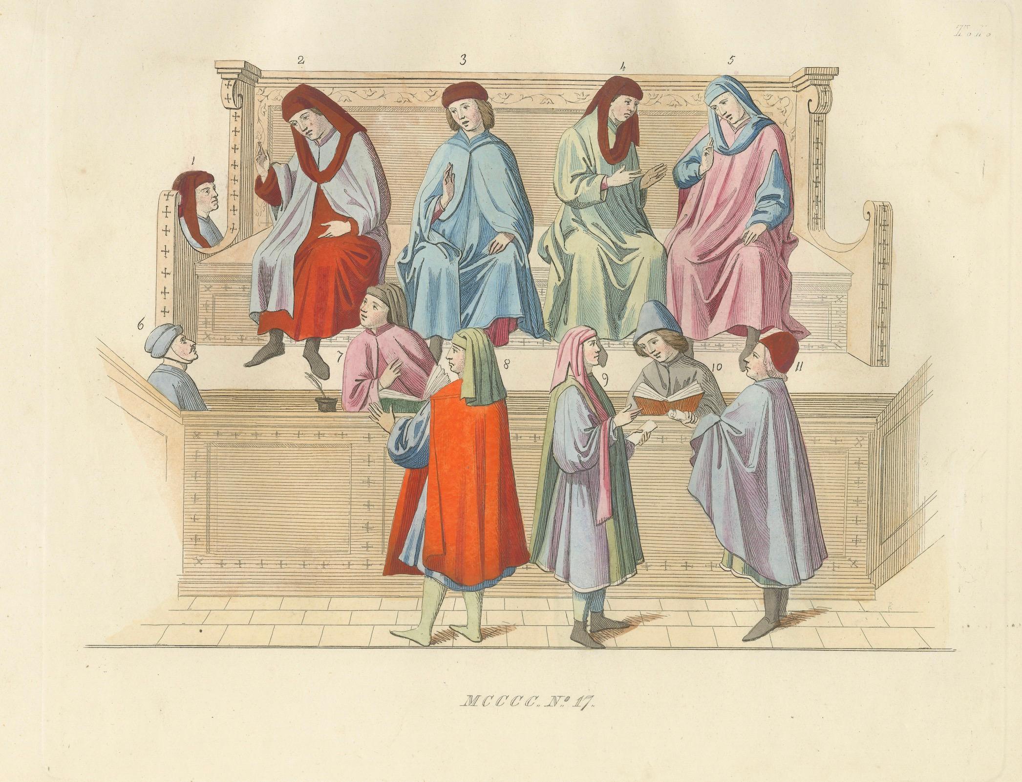 19th Century Merchant Courtroom Scene with Consuls and Petitioners in Medieval Italy, 1845 For Sale