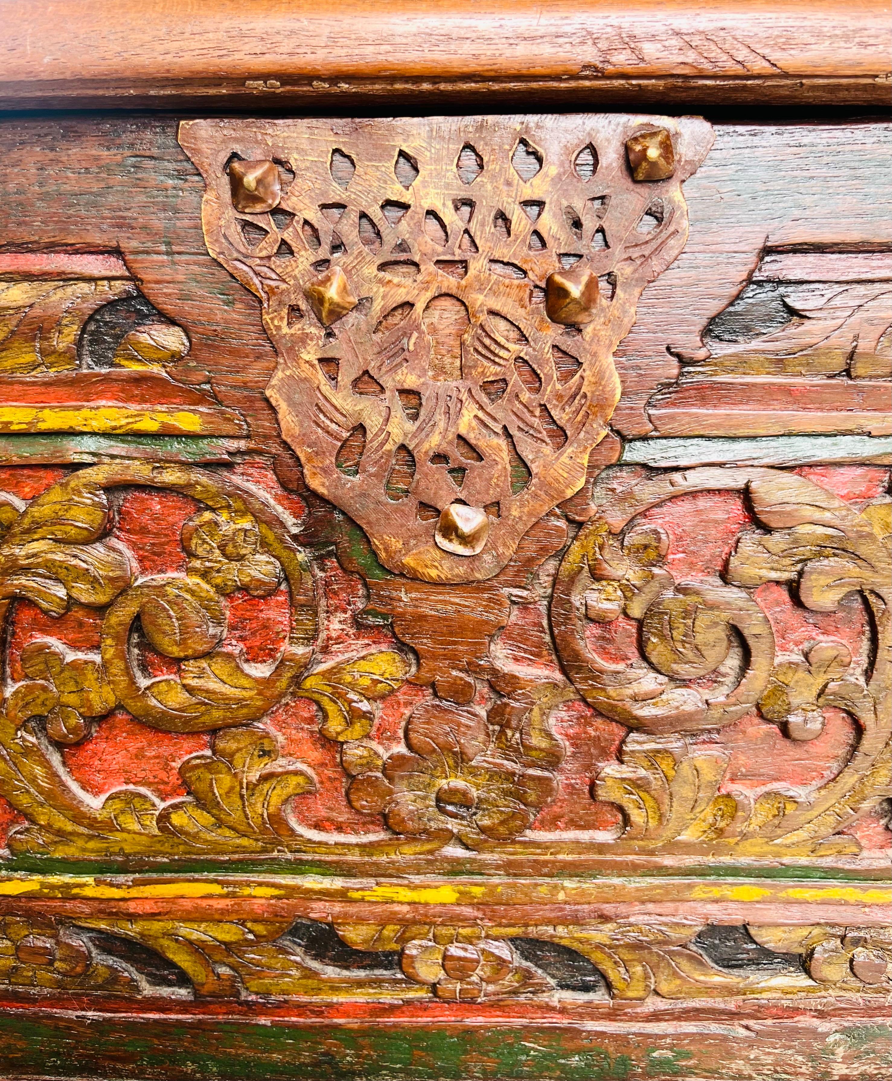 Merchant's Chest on wheels in carved and painted wood - Madura Indonesia 19th For Sale 4
