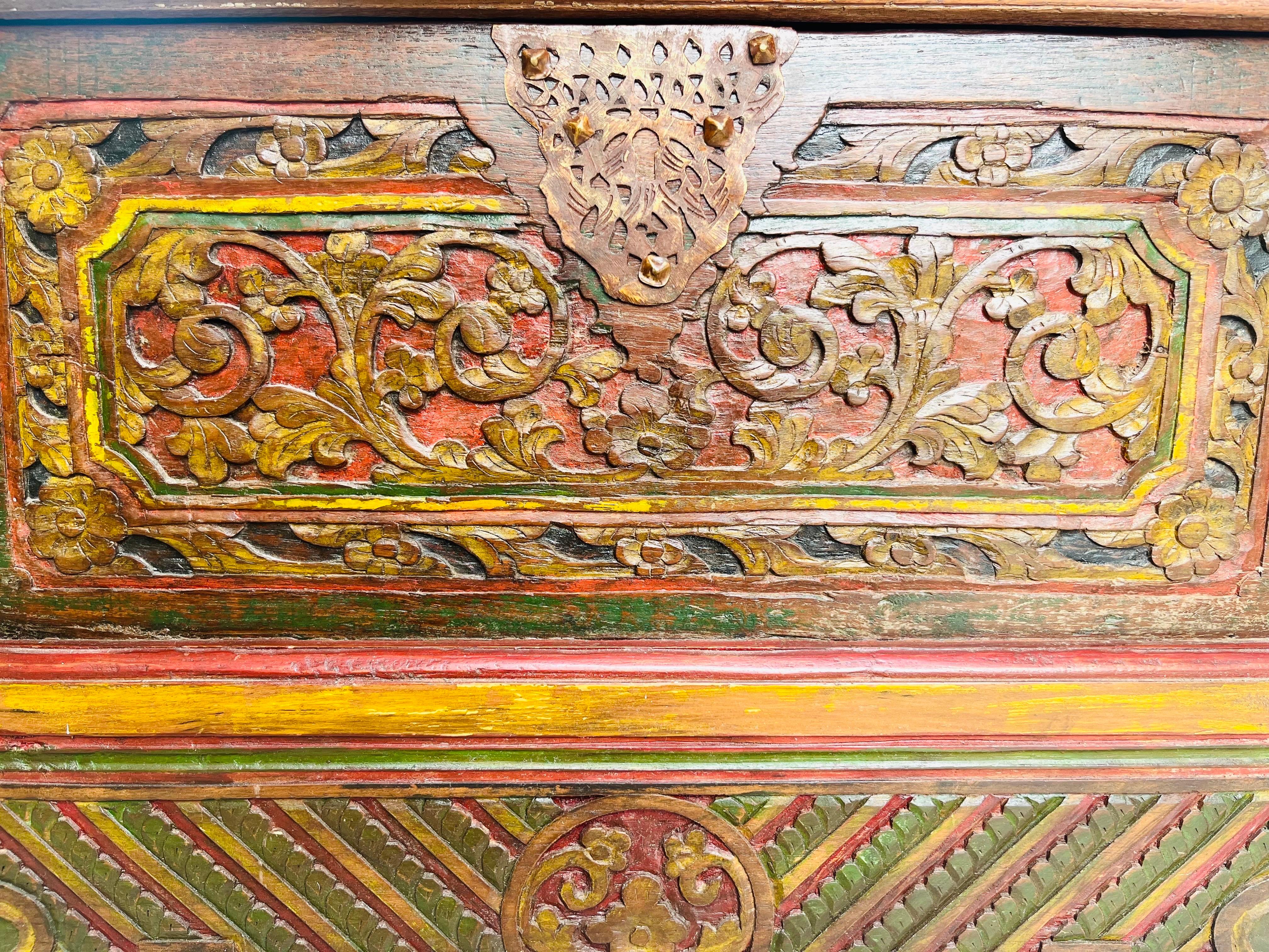 Merchant's Chest on wheels in carved and painted wood - Madura Indonesia 19th For Sale 5