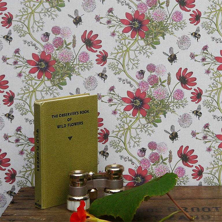 English Mercia Bees in Cream Botanical Wallpaper For Sale