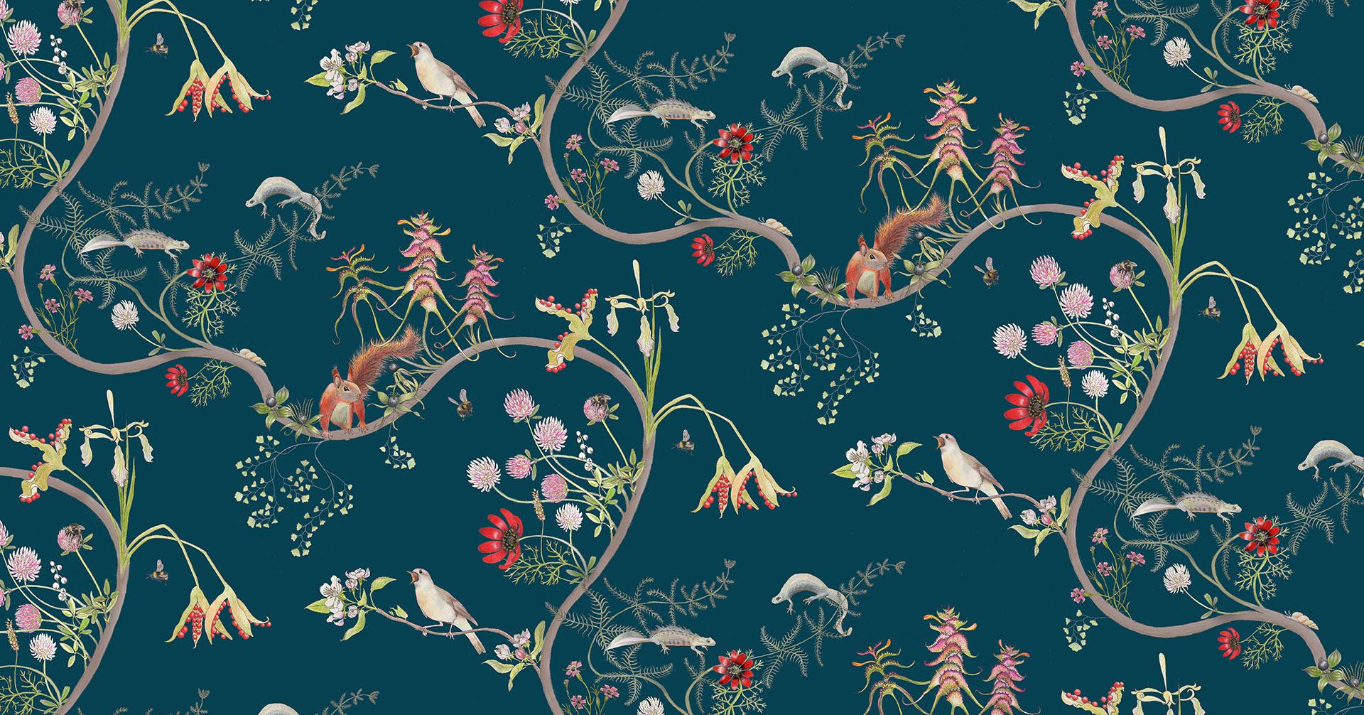 blue wallpaper with birds and flowers