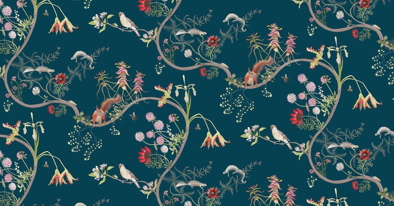 Mercia Vines In Deep Blue Botanical Birds And Bees Wallpaper For Sale At 1stdibs