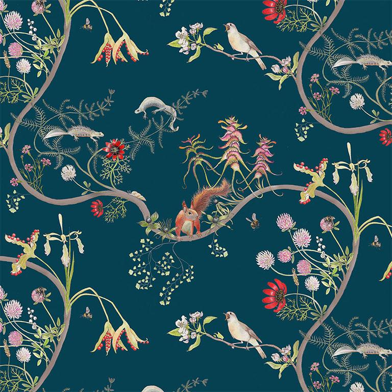 Mercia Vines in Deep Blue Botanical Birds and Bees Wallpaper