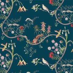 Vintage Mercia Vines in Deep Blue Botanical Birds and Bees Wallpaper