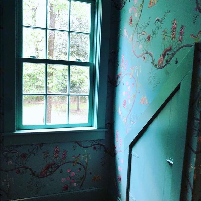 Mercia Vines in Verdigris Botanical Birds and Bees Wallpaper For Sale