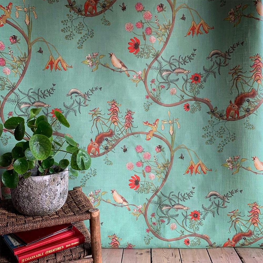 Mercia Vines in Verdigris Botanical Birds and Bees Wallpaper In New Condition For Sale In Kent, GB